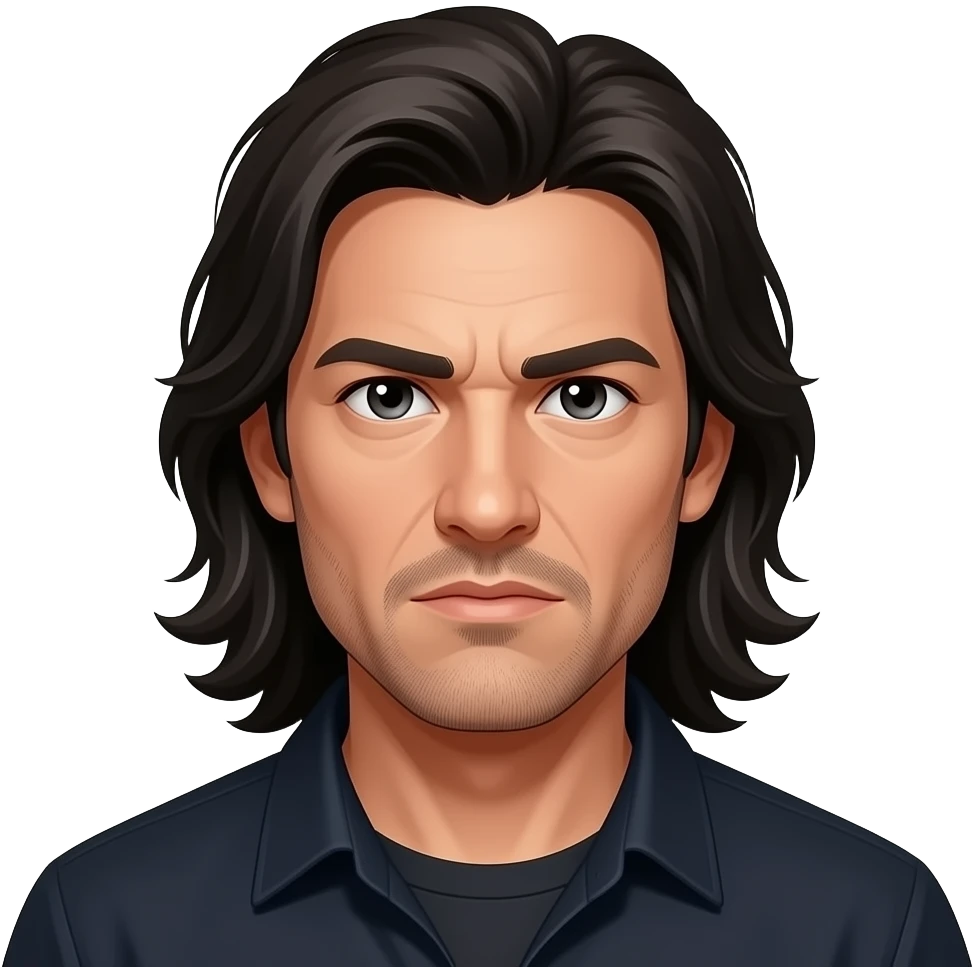 adult man, long dark hair, pale skin, sharp cheekbones, intense serious gaze, slight stubble, dark clothing, head-and-shoulders portrait, centered, 3D glossy emoji style, clean background emoji