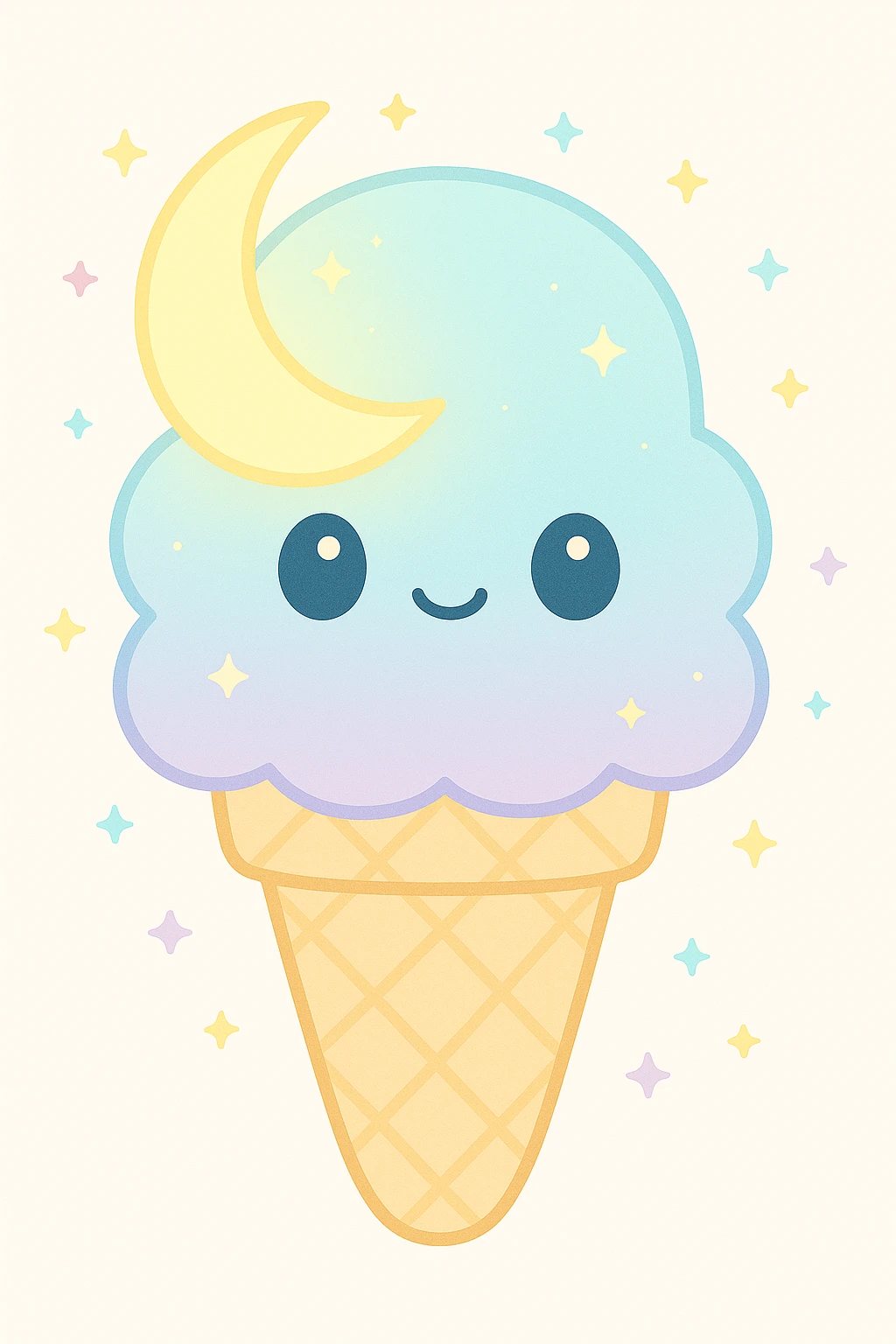 Add a cone with stars to the moonbeam ice cream, keep dreamy, glowing, whimsical, soft pastel colors, maintaining a gentle and magical atmosphere. emoji