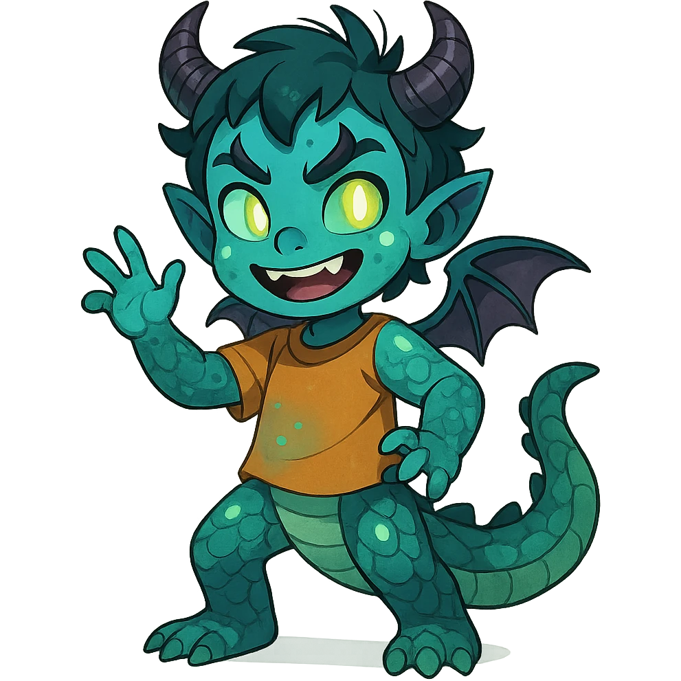 playful youthful child character blending 60% dragon features like scales, tail, small wings, 20% demon traits such as horns and mischievous eyes, and 20% alien elements including unusual skin color and glowing accents emoji