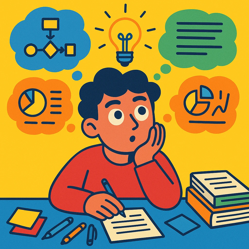 curious individual brainstorming ideas, surrounded by thought bubbles filled with sketches, notes, and abstract concepts, bright light bulb above their head symbolizing inspiration, cozy workspace with creative tools like pens, sticky notes, and books, bright style, 4:5 aspect ratio emoji