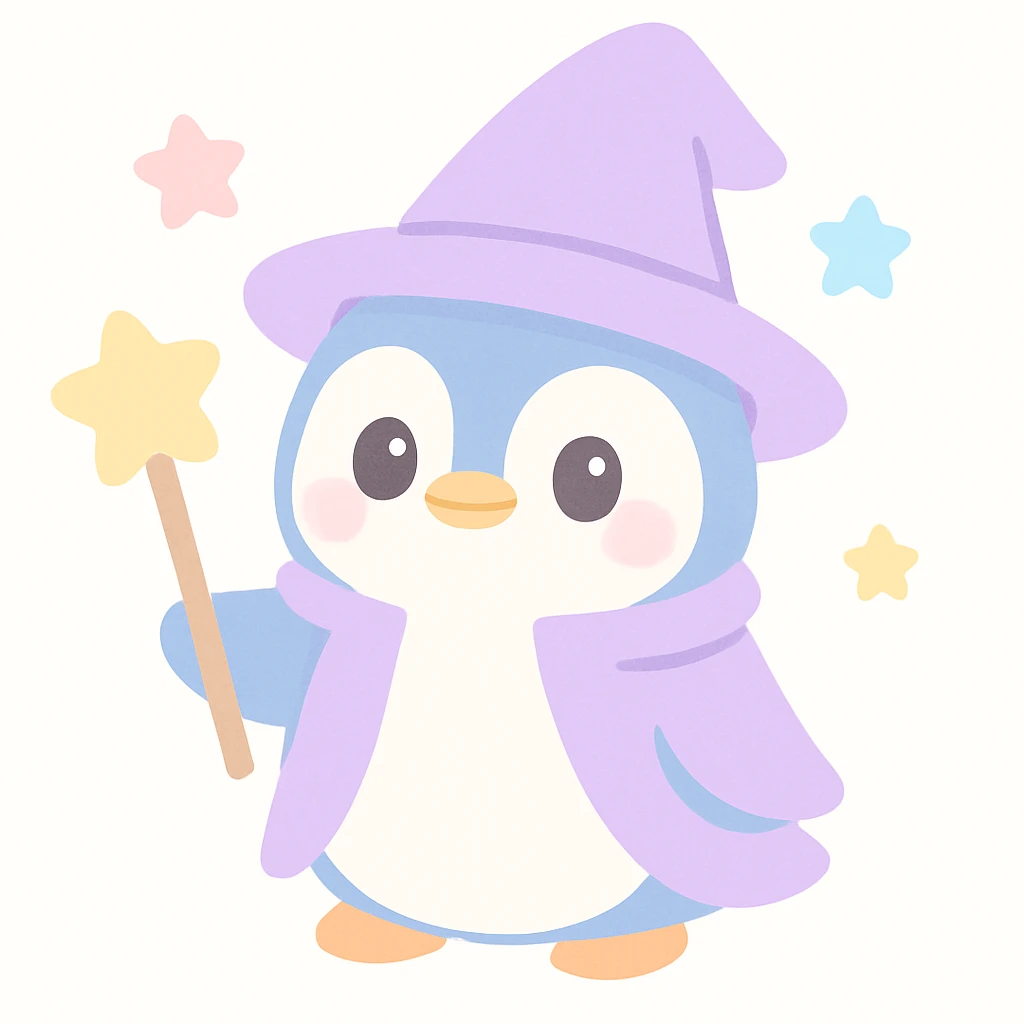 whimsical penguin dressed as a wizard, wearing a pointed hat and holding a magic staff, cute and magical style emoji