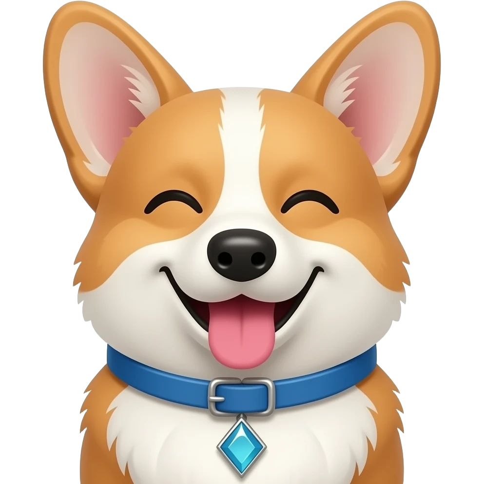 silly corgi dog, looking at the camera, , tongue out and smiling with closed mouth, blue collar, diamond shaped opaque stone as collar pendant emoji