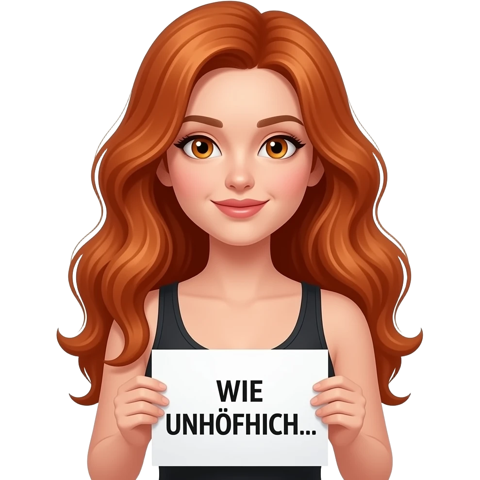 sexy girl with long wavy ginger hair and ginger eyes wearing a black tanktop is holding a white sign with WIE UNHÖFLICH... written on it emoji
