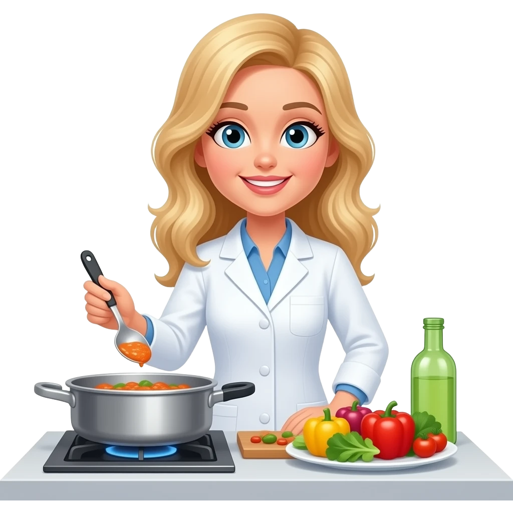 female blonde food scientist show with food emoji