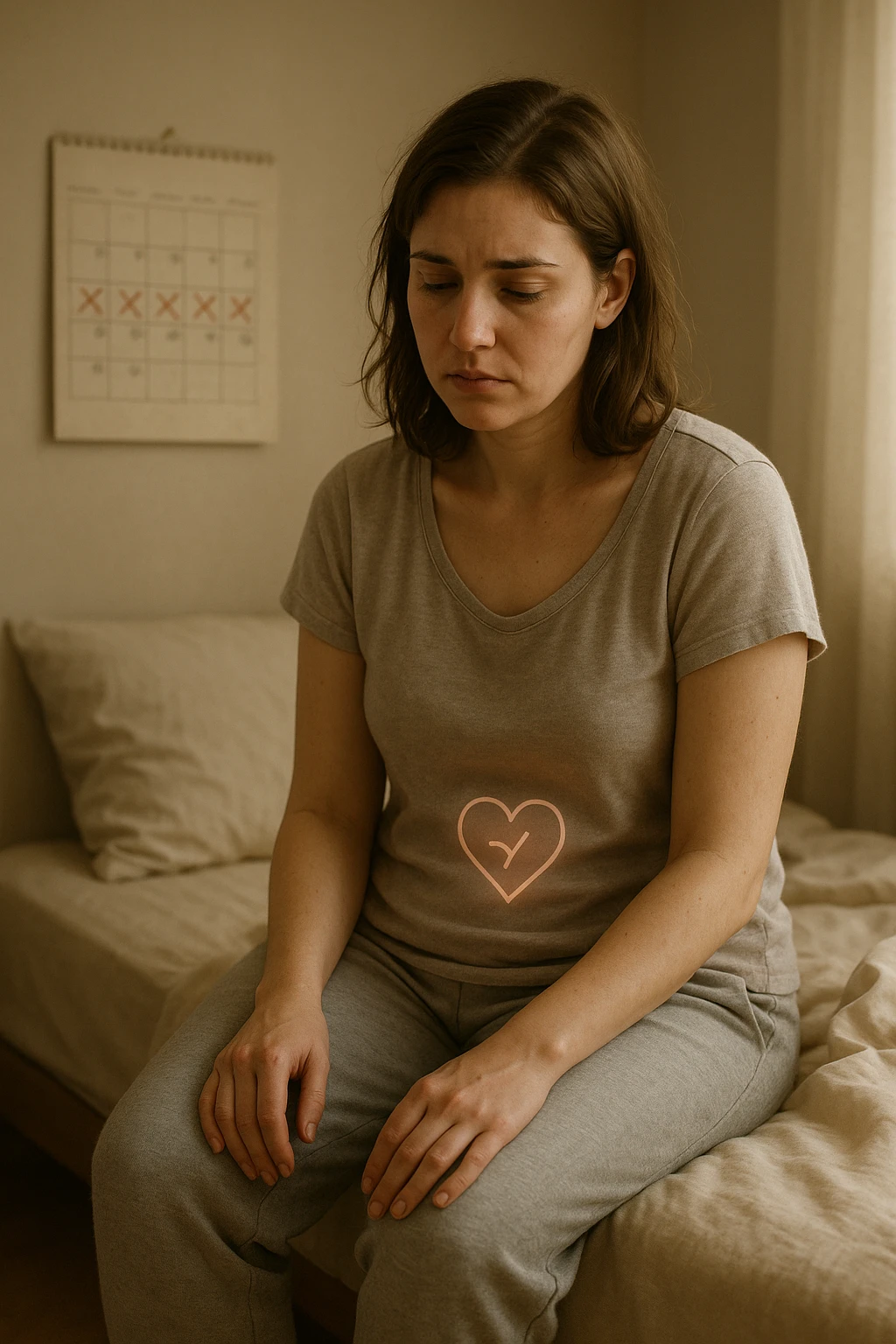 3D realistic medical illustration: a young woman in her 20s or 30s sits on the edge of a bed in a softly lit bedroom, looking thoughtful and slightly concerned. She wears comfortable loungewear, her posture is slouched, and her expression is subdued. Subtle visual cues—such as a faded calendar with missed menstrual cycles and a dimmed heart or energy icon near her abdomen—symbolize low libido and amenorrhea. The scene is realistic, intimate, and empathetic. emoji