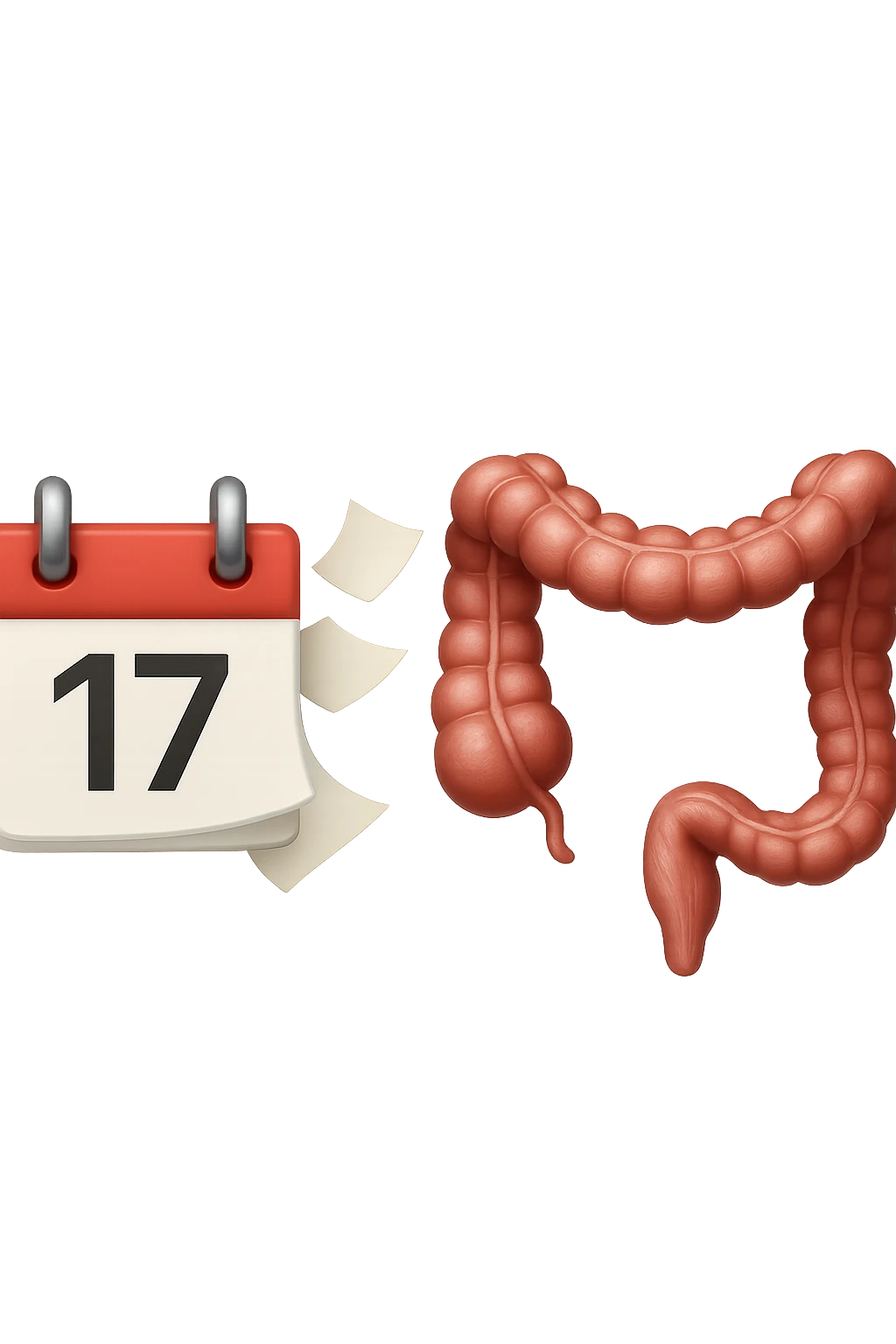 emoji stile iphone di un calendario con fogli che volano insieme a pezzi anatomici di colon umano, iperrealistico 4k, isolato su sfondo bianco emoji