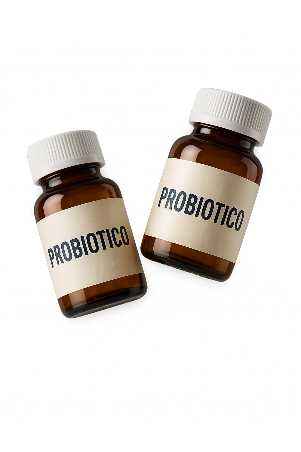 due boccette di integratori con la scritta "PROBIOTICO" SULL'ETICHETTA, FLUTTUANO IN ARIA, realistica 4k emoji