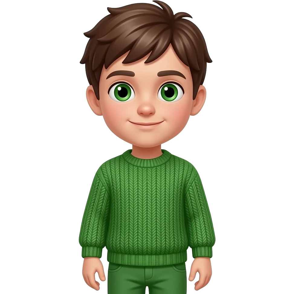 Un niño con un jersey verde, su cara es normal i su nariz también, ojos de color verde pantalones también verdes i el pelo de color marron i que el jersey se a roth face emoji