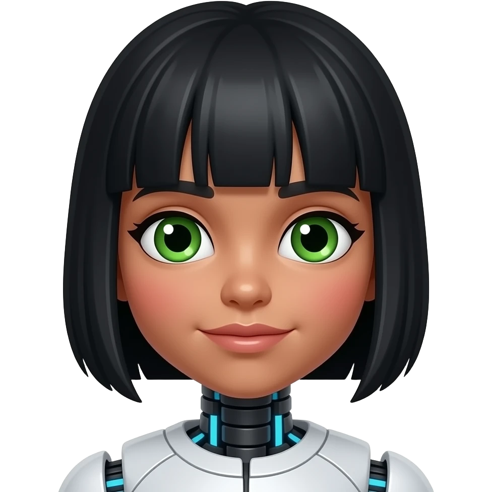 very pretty robot girl with green eyes and black hair, redish cheecks and high heekbones with bangs with a longer face and olive skin, make only face and neck show, face should be slightly turned and titled downwards, straight nose emoji