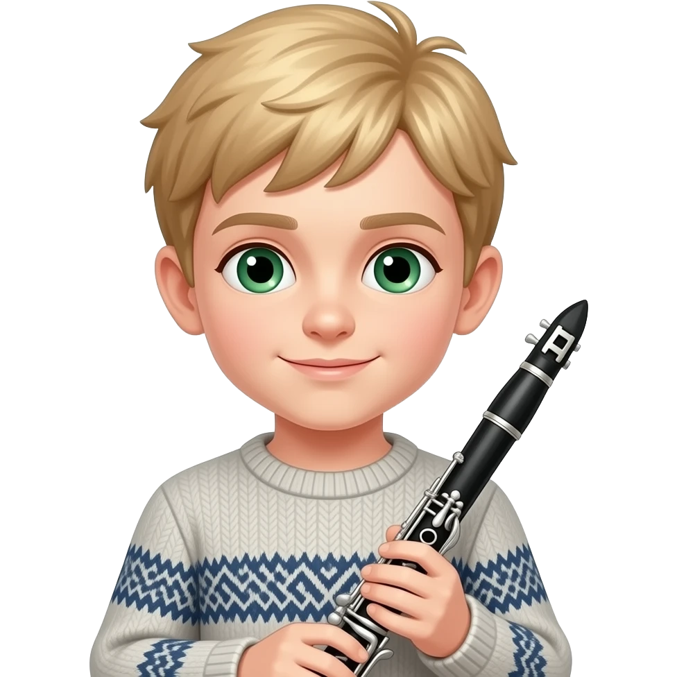 Boy blond green eyes sweter with Clarinet emoji
