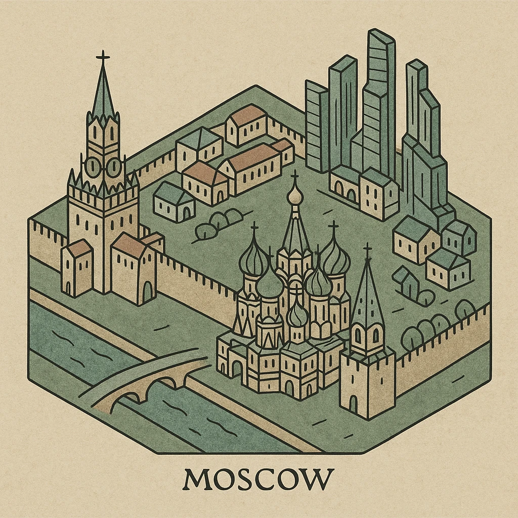 Изометричная миниатюрная 3D модель Москвы - Кремль, собор Василия Блаженного, Сити,  аккуратная детализация, яркие цвета мультяшный реализм, компактная композиция,  вид сверху в изометрии emoji