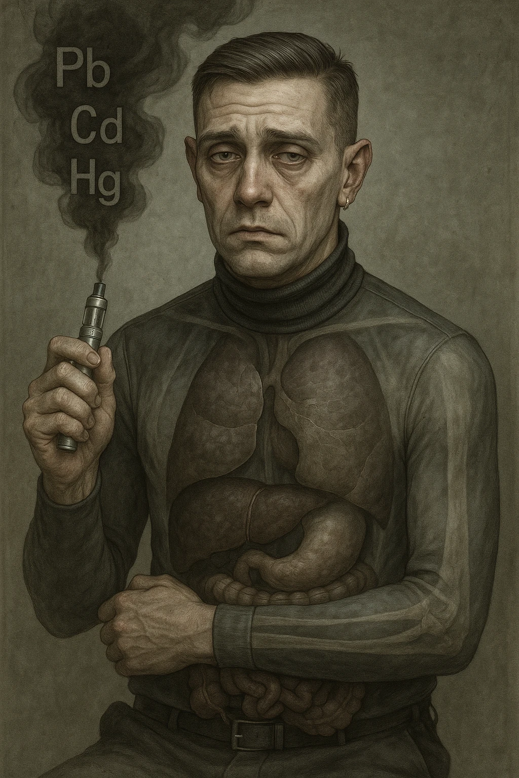 Realistic medical style illustration of a man aged 30-40 years with pale skin, dull eyes, and a tired face, inspired by the reference photo. He holds an electronic cigarette emitting dark smoke with chemical symbols Pb, Cd, Hg. His body is transparent showing dark liver and intestines. The atmosphere is gloomy with metallic colors, realistic medical style. emoji