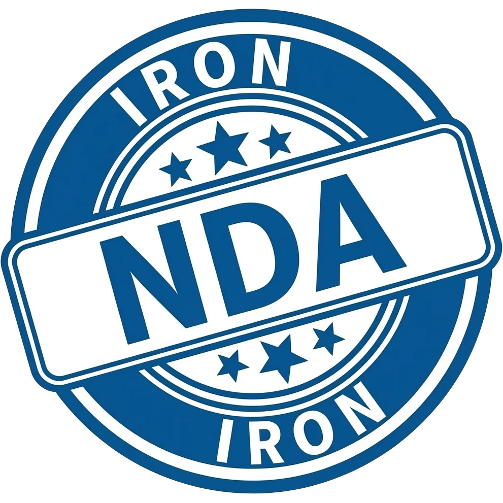Stamp saying "NDA" in the centre, with "Iron" on the outside. Make it colored #0082fb emoji