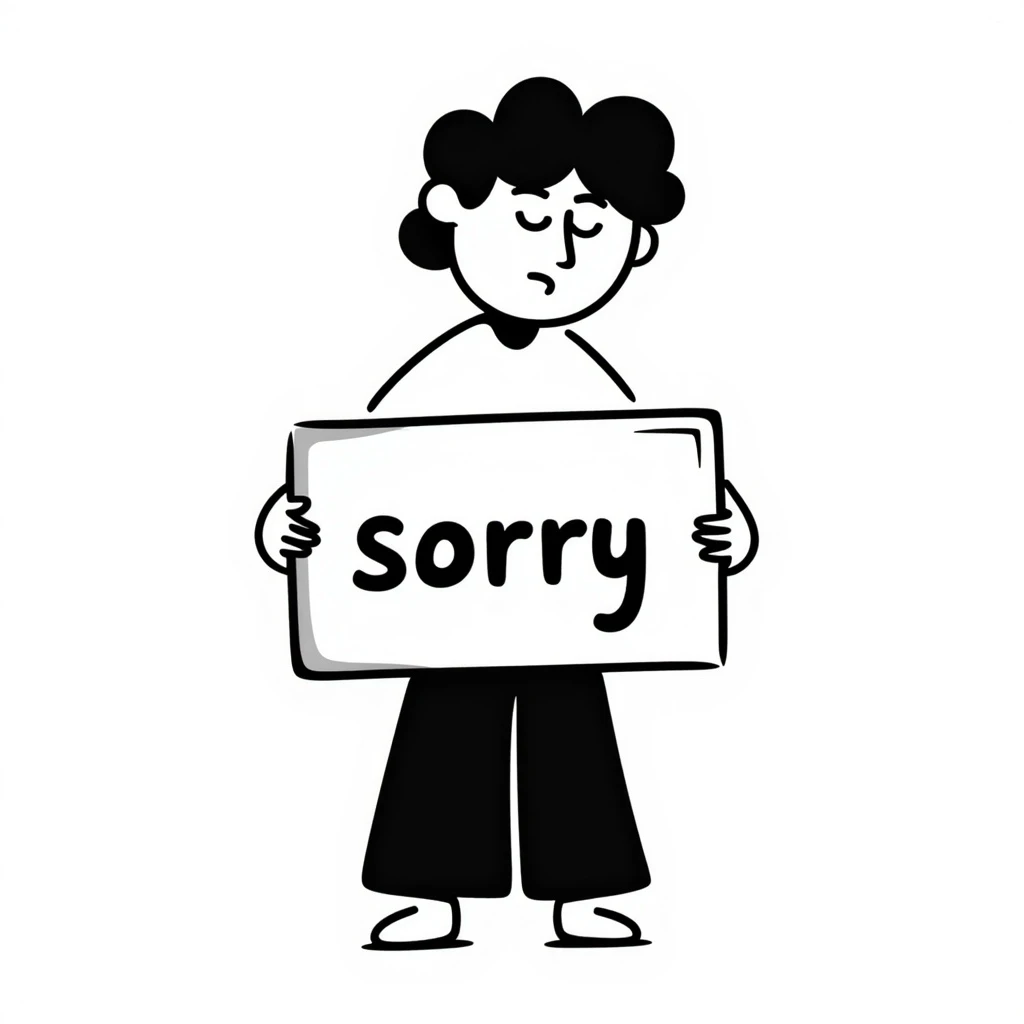 hand-drawn doodle of a sad figure holding a 'sorry' sign, exaggerated frown and slumped posture emoji