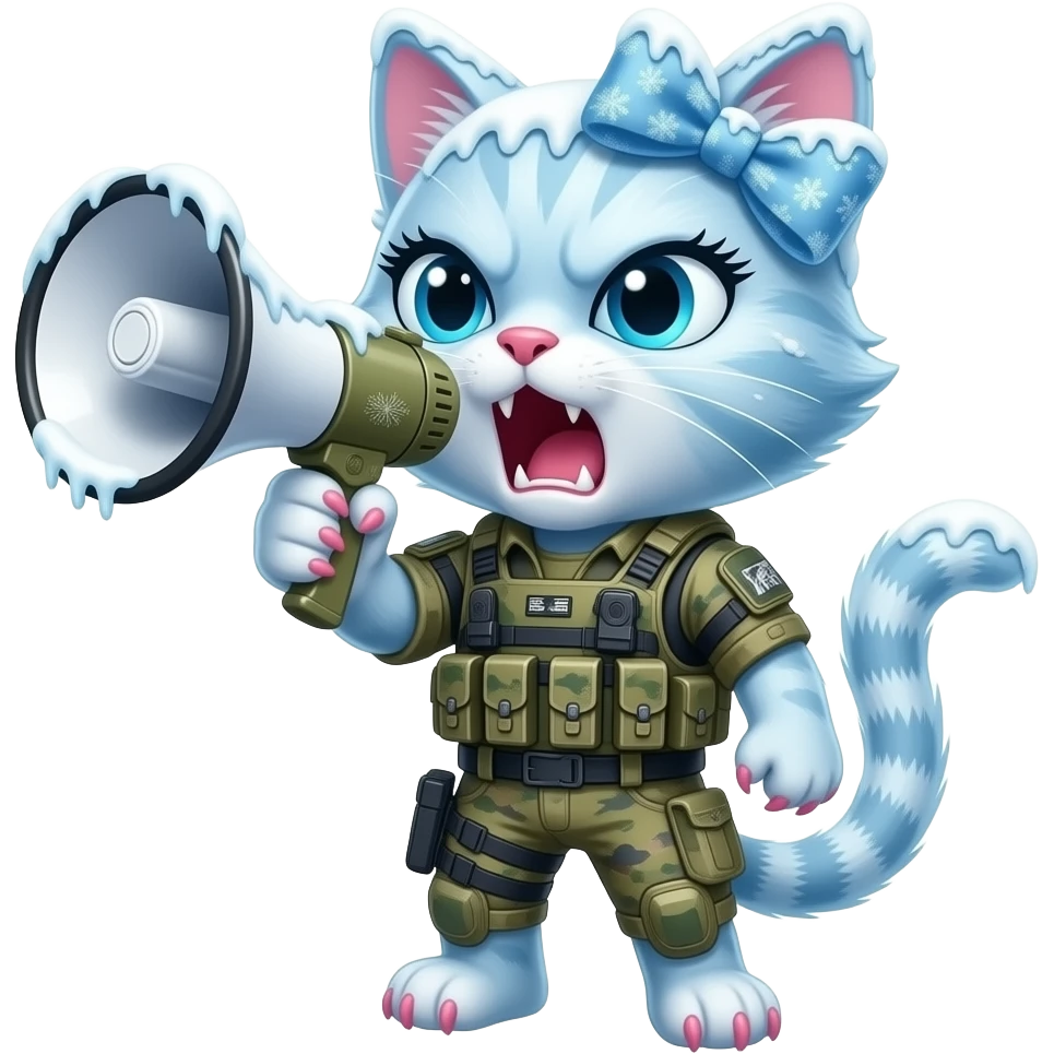 a sleek pretty cat made from ice snow & snowflakes & covered from frost. the cat is wearing a bow on head, frost-covered modern warfare gear & using a megaphone to yell. the cat has long eyelashes & pink claws & furious snarling outraged threatening expression emoji