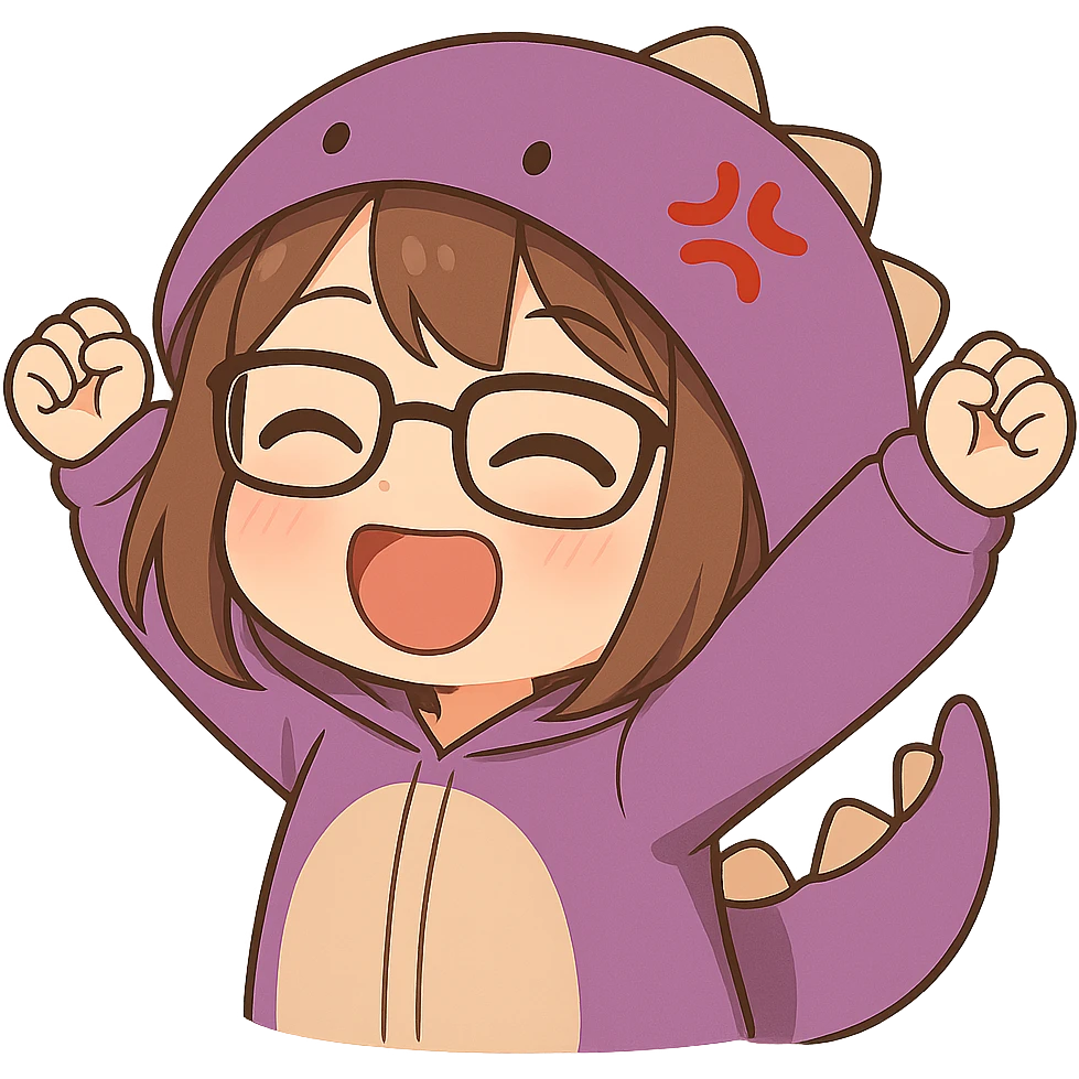 Chibi anime style gamer girl with glasses, brown hair, dark purple eyes, wearing a purple dinosaur costume, new pose with arms up in excitement, making a blushing expression, no controller, no background, same style as reference. emoji