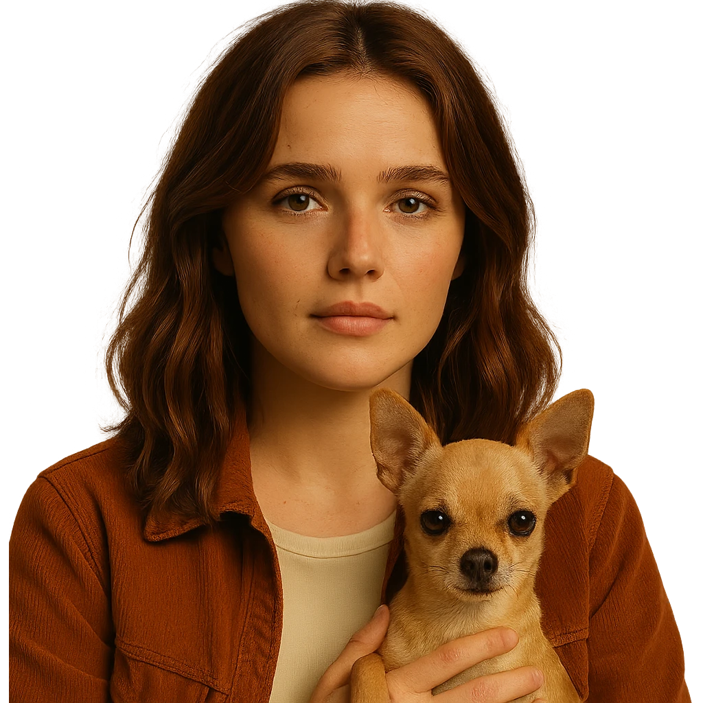 Portrait centered for Instagram profile picture, inspired by the facial features visible in the reference images, with a tanned complexion, subtle freckles, shirt color #FFF8CA, rust-colored jacket, medium-length brown hair with auburn highlights, nostalgic and gentle expression, holding a beige-brown chihuahua, Netflix series style, transparent background, intimate Tenerife ambiance. emoji