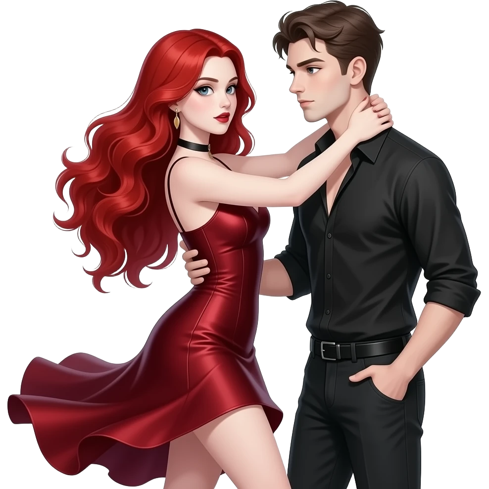 Vampiro femmina ADOLESCENTE con pelle bianca e capelli rosso ondulati lunghi che indossa un vestito stretto in e largo sotto  che balla con le MANI INTORNO AL COLLO del suo ragazzo VAMPIRO ADOLESCENTE con la pelle bianca emoji