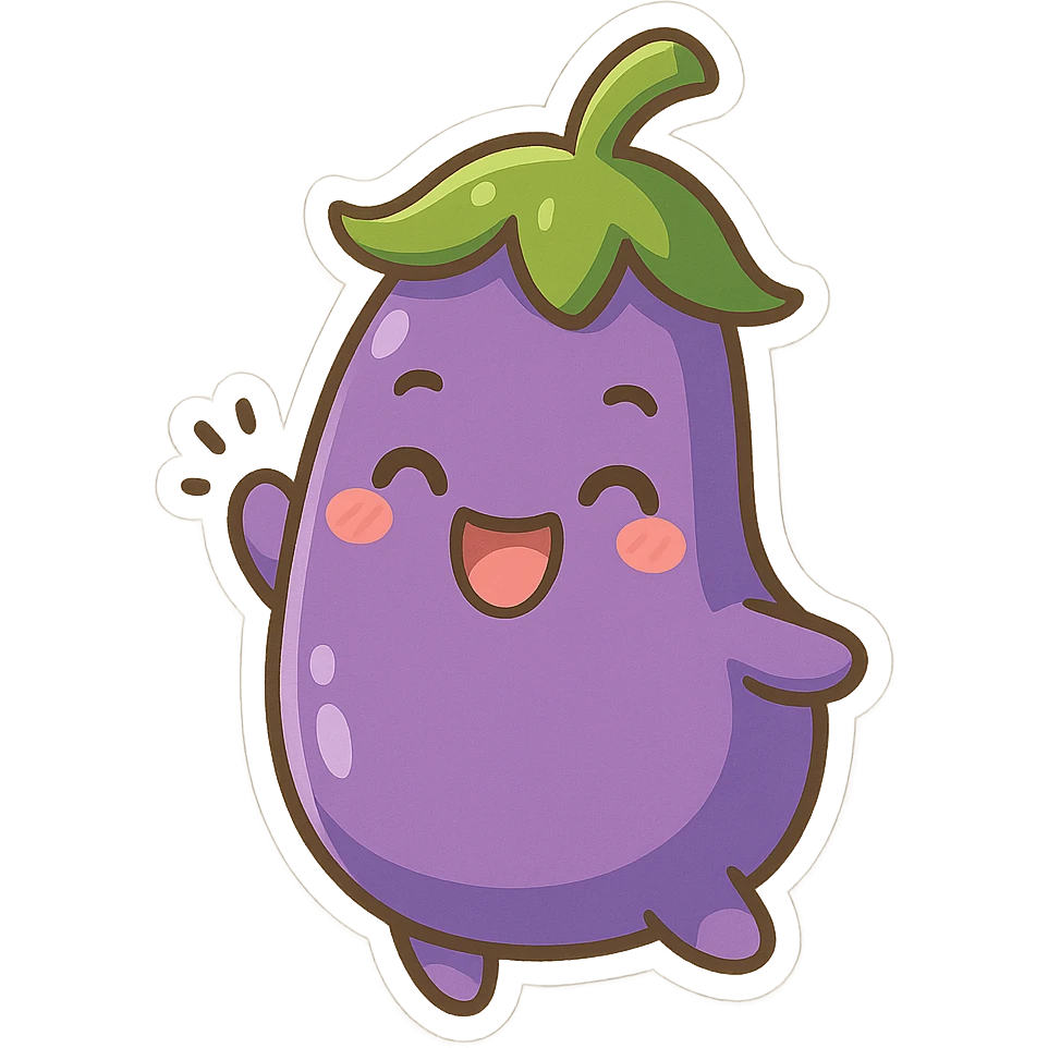 playful eggplant character, cute and lively, bright colors, chibi style emoji