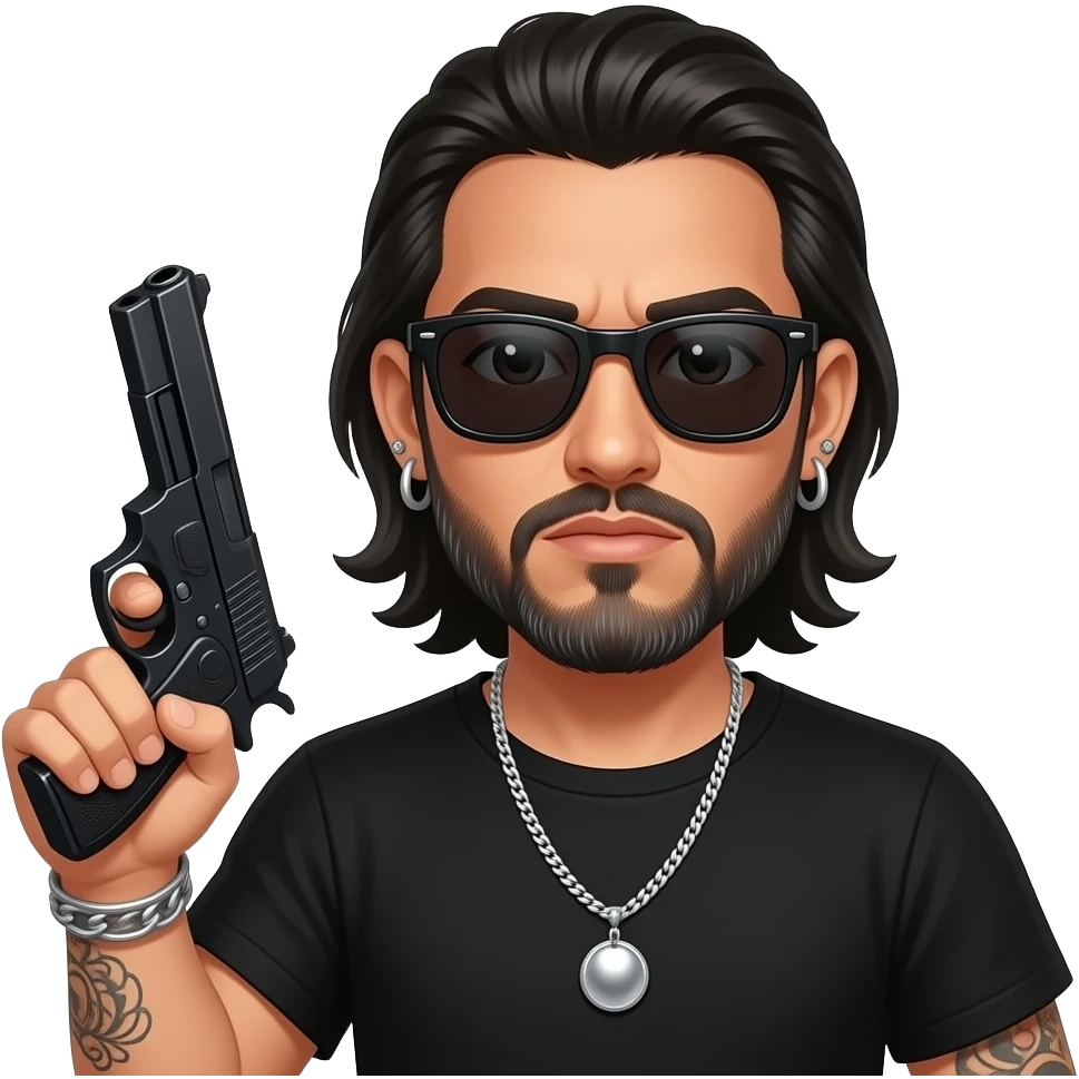 handsome, manly Latino podcast host with black colored eyes wearing black with silver jewelry, with medium length hair, a very long, lightly graying beard and tattoos, his ear and nose pierced, dark sunglasses, holding a pistol with a serious face emoji