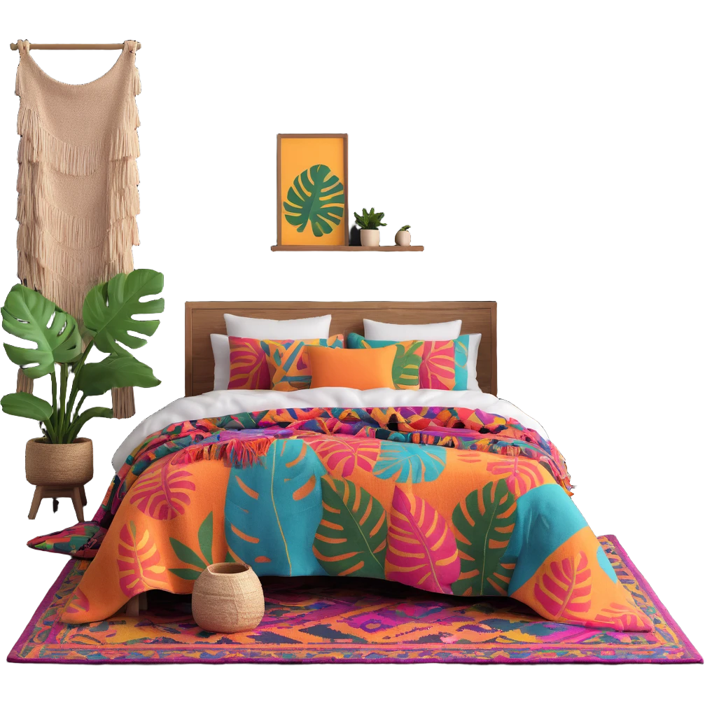 modern boho bedroom with monstera plants, colorful textured rugs, and piles of cozy blankets emoji