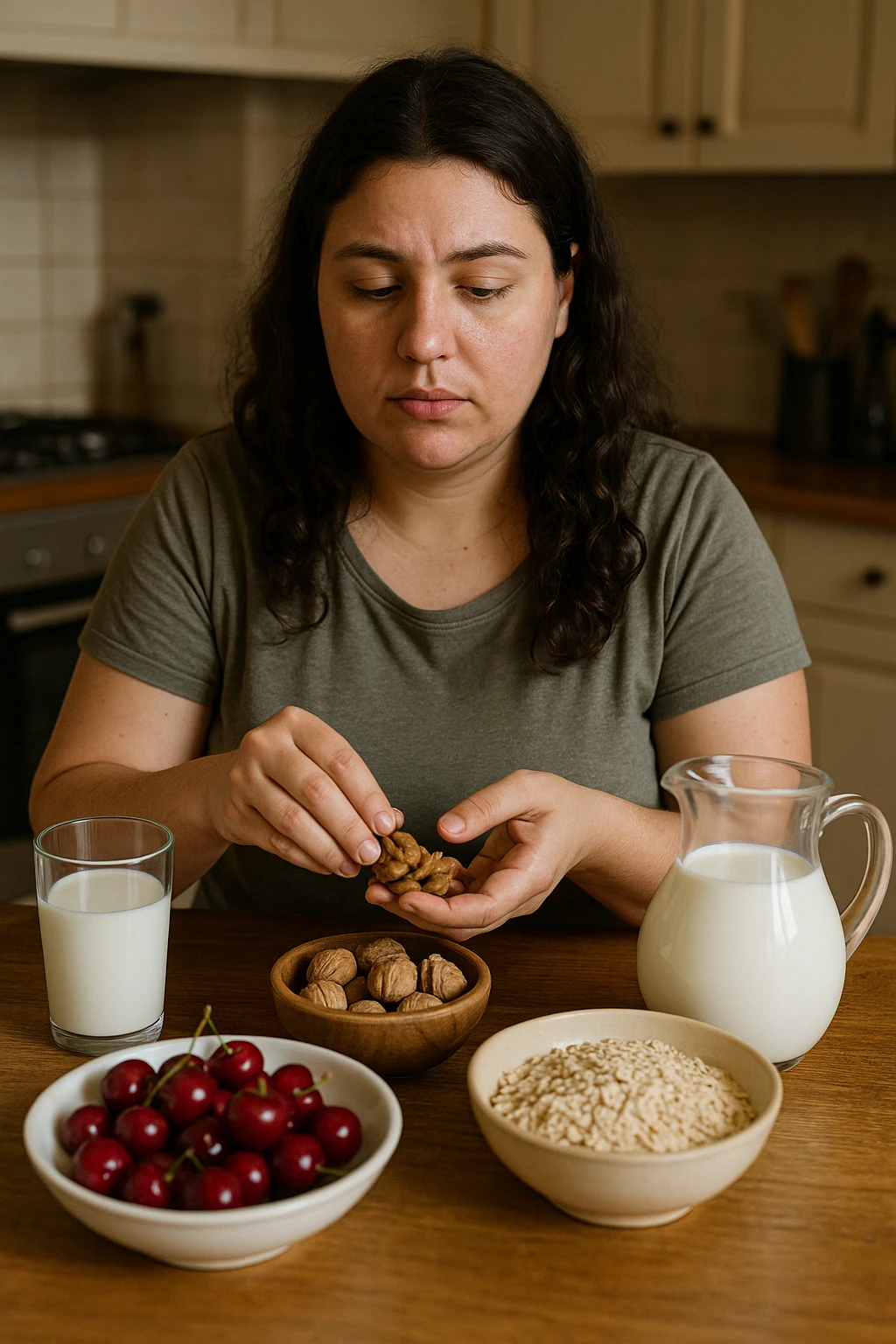 Donna con pcos che cerca di aumentare la sua produzione di melatonina con la dieta immagine realistiche in italiano emoji