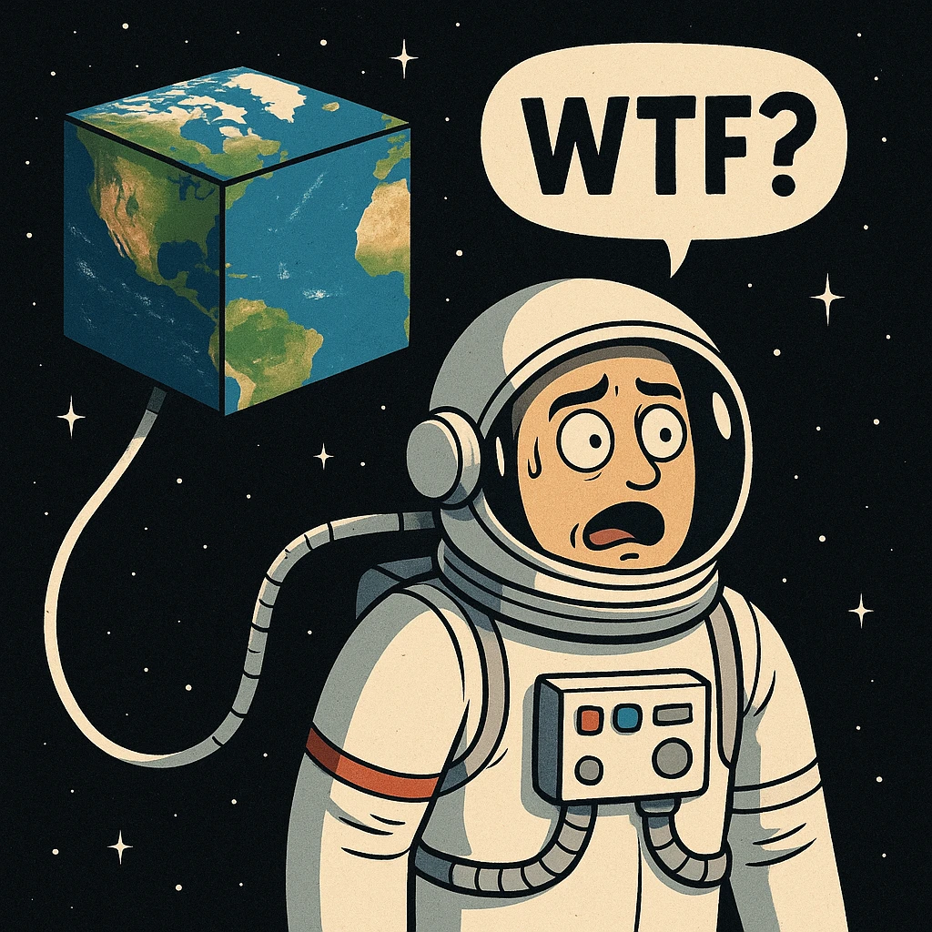 An astronaut tethered to something off scene, looking at a cube-shaped Earth, with a visible expression of confusion or surprise, thinking 'WTF?' emoji