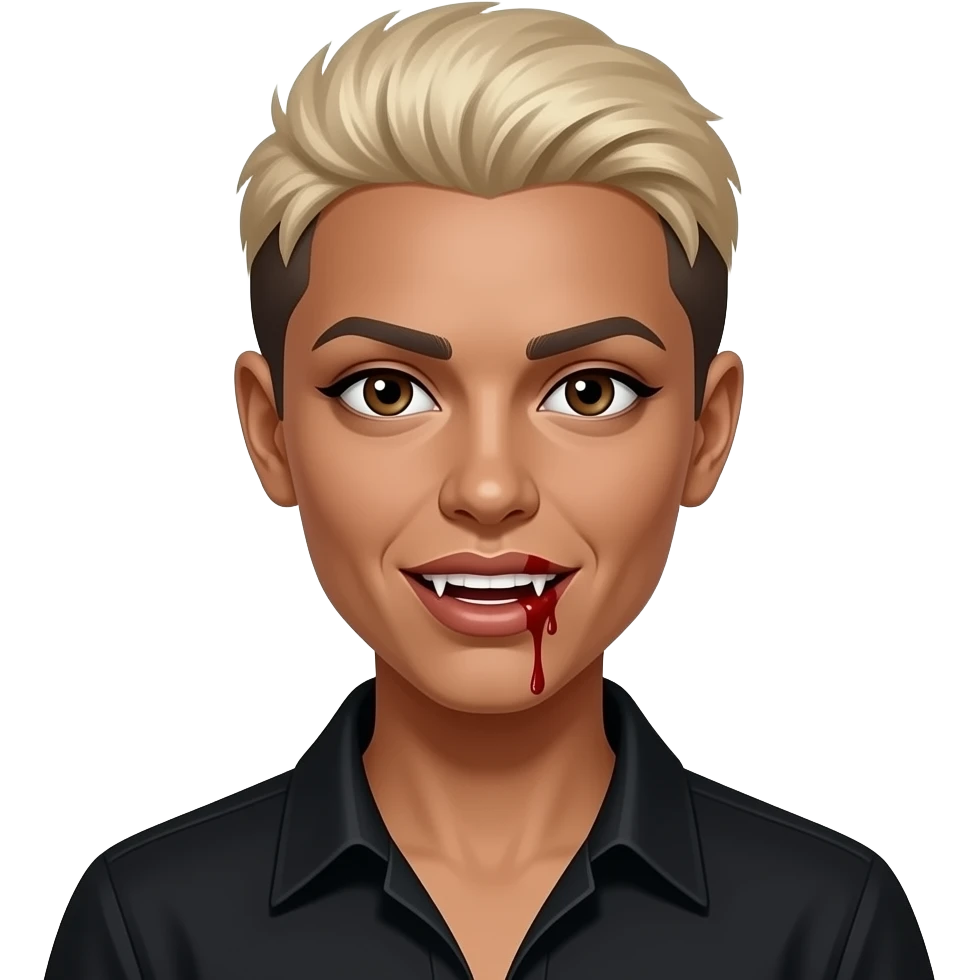 women blond short hair to the side with black roots, black skin, brown eyes, black shirt,  dracula teeth with blood on the fangs emoji
