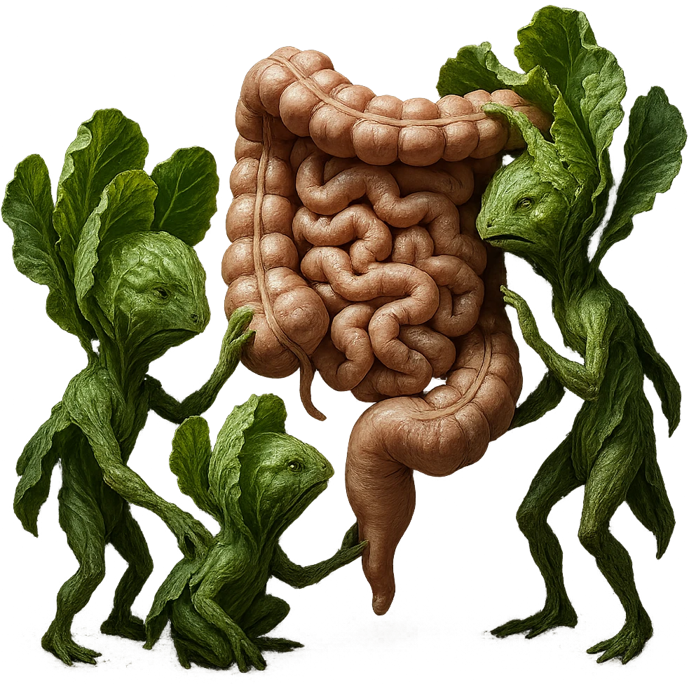 Ultra-realistic 4K illustration: stylized lettuce leaves depicted as plant-like creatures interacting with a human anatomical model of the intestine. The scene is surreal and scientific, with organic textures, refined biological details, dramatic lighting, and a bio-fantasy photorealistic style emoji