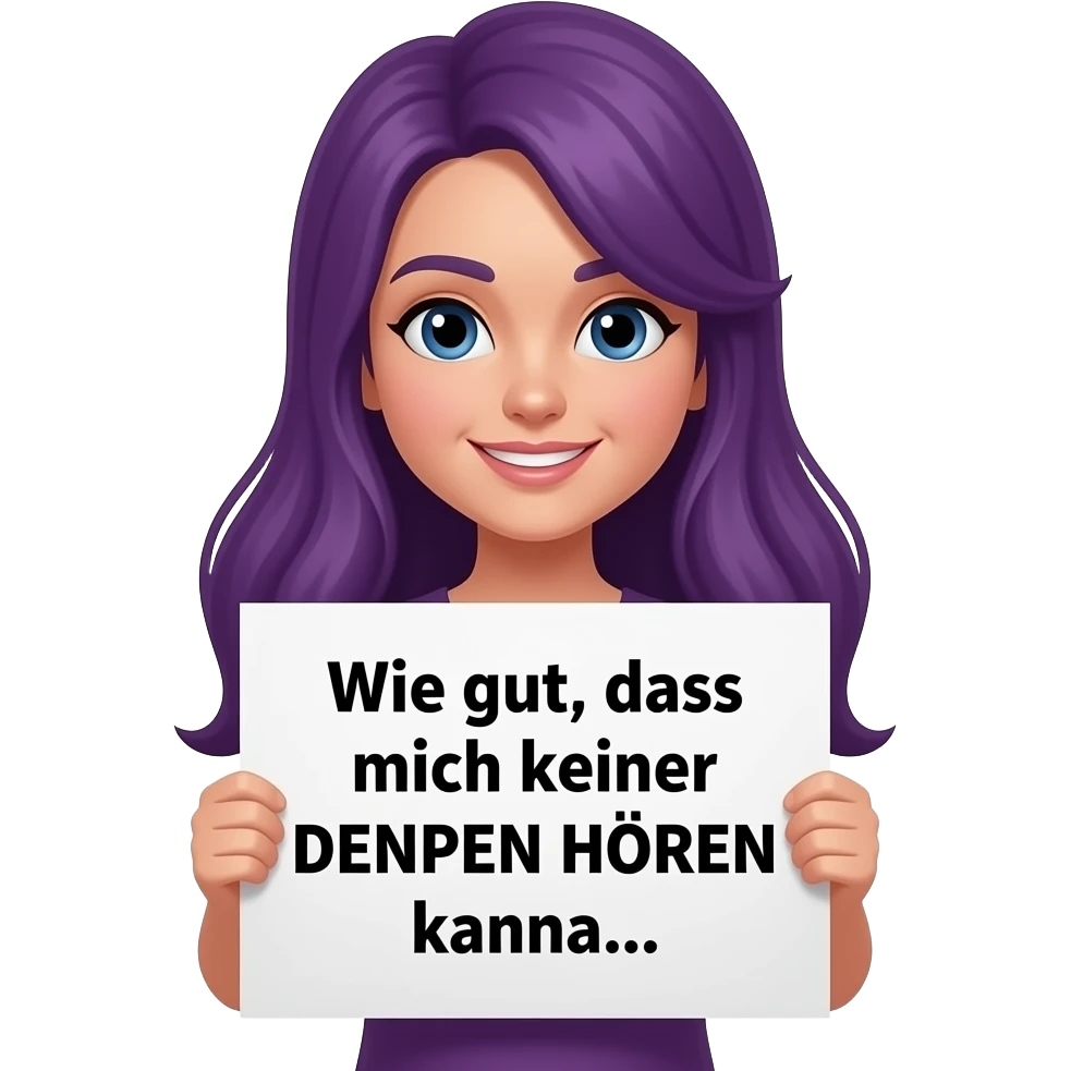 girl with long purple hair holding a Wie gut, dass mich keiner DENKEN HÖREN kann... sign emoji