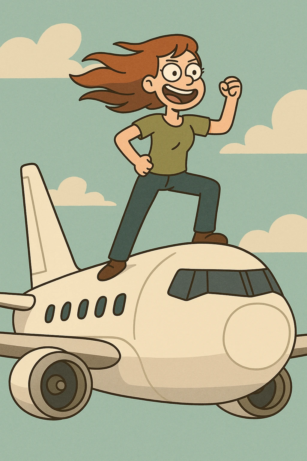 a girl standing triumphantly on top of an airplane, wind blowing her hair, cartoon style emoji