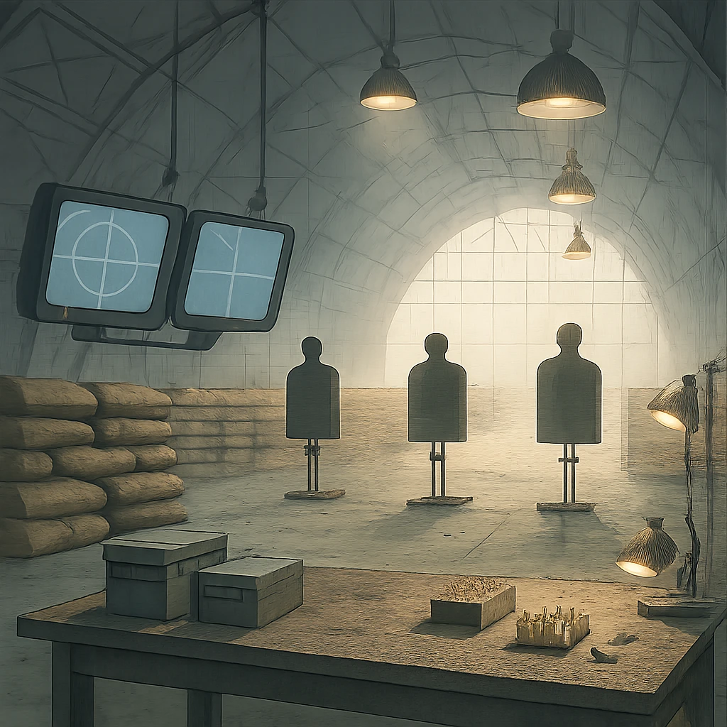 an indoor target range, inside a blimp hangar, monitor screens, sandbags, mechanical target stands with silhouette, overhead lights, blast marks on the floor, sandbags, firing range table set with ammo boxes, large work lamps, atmospheric perspective emoji