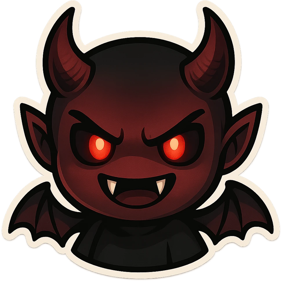 devil emoji in chibi style with gothic palette black and crimson, sharp fangs, glowing eyes, dramatic shadows emoji