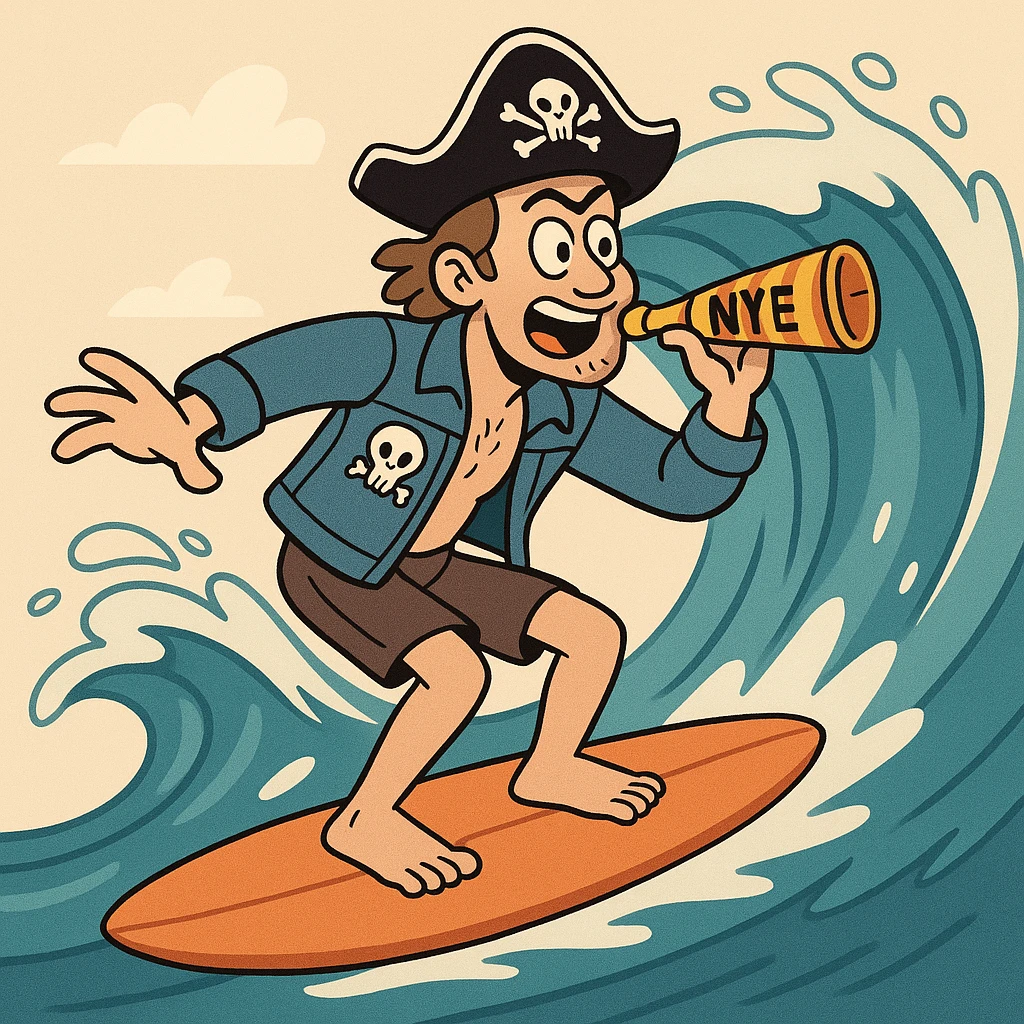 male surfer on a wave, pirate hat, denim jacket with skull patch, NYE noisemaker, cartoon style emoji