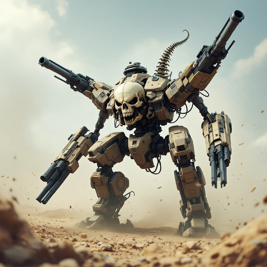 A mean, intimidating attack robot with four gun-armed limbs, skull head, and a spine connected to a tank-tread vehicle base, rushing into combat. Detailed, menacing, mechanical, futuristic battle robot, aggressive and dangerous. emoji