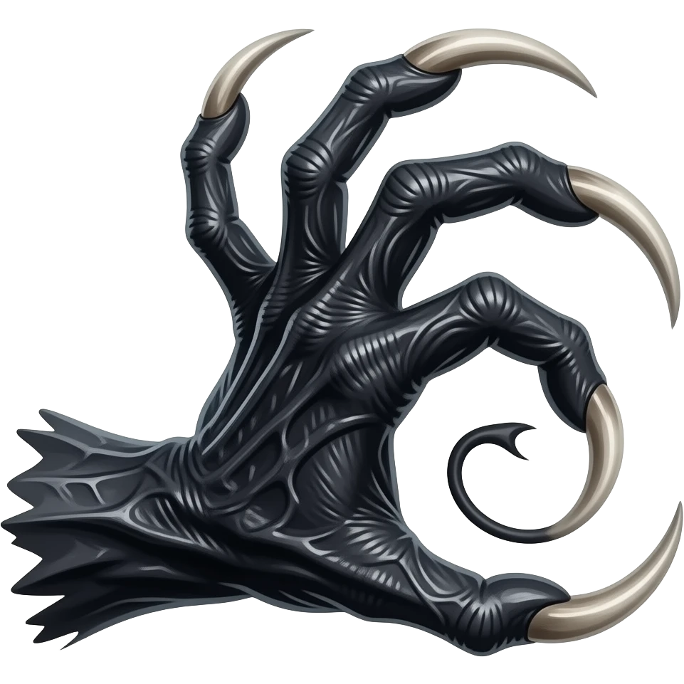 Long dark Demonic hand with sharp claws. Make the hand reach out to attack and slash towards the right of the image violently. Shift the perspective to a side profile to show the curvature and length of the claws more clearly. emoji