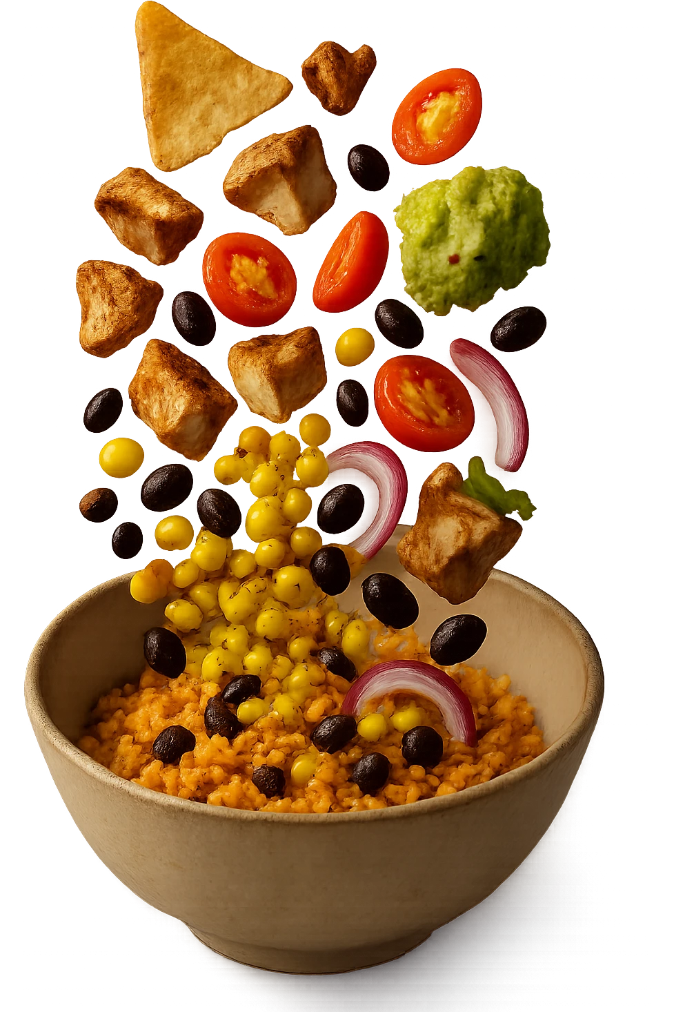 bowl in cui cade cibo da ristorante, iperrealistico 4k emoji