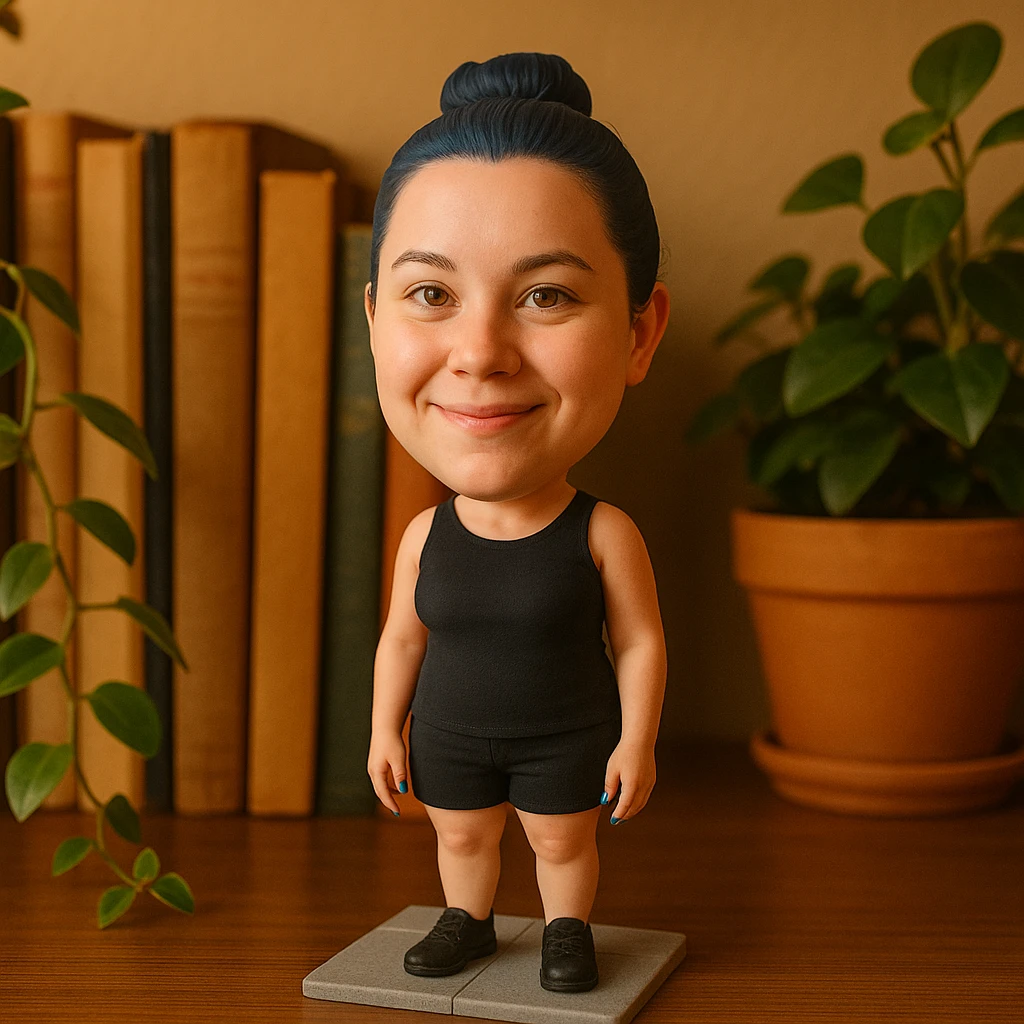 Woman with dark blue hair and blue fingernails standing on a sidewalk emoji