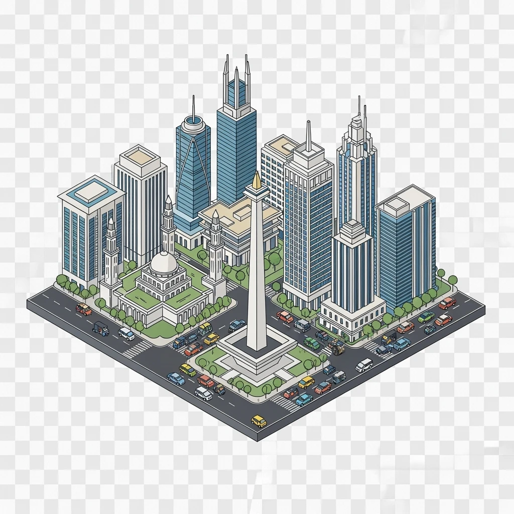 Isometric minimalistic illustration of Jakarta Monas (National Monument), Istiqlal Mosque, skyscrapers of Sudirman CBD, bustling streets with traffic and tuk-tuks, subtle 3D miniature effect and Tilt Shift effect, no cartoonish look, transparent background. emoji