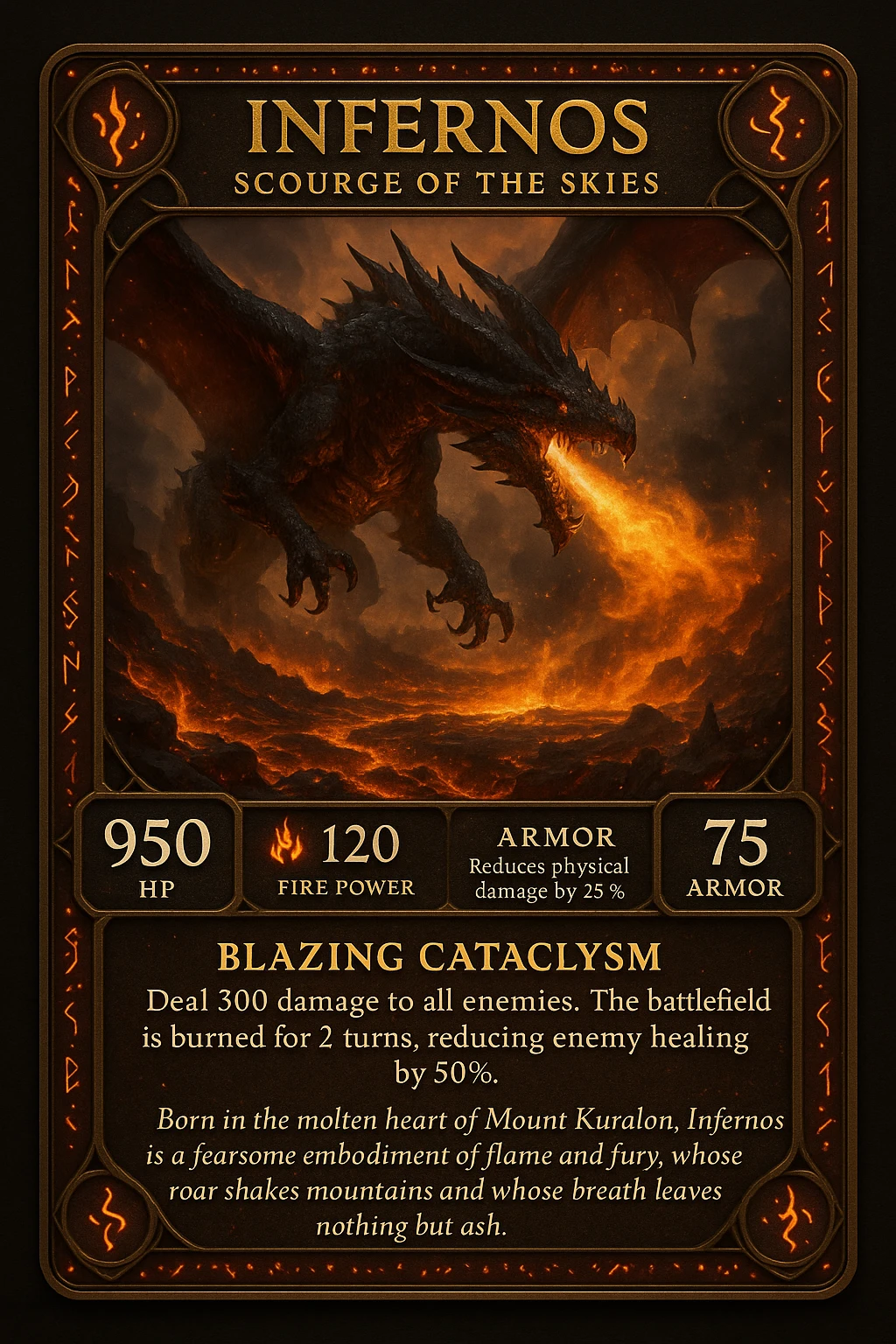 Make an epic role-playing card featuring a legendary fire-breathing dragon named Infernos, Scourge of the Skies. The card should display its stats: 950 HP, 120 fire power, and 75 armor that reduces physical damage by 25%. Highlight its special ability, Blazing Cataclysm—a fiery storm that deals 300 damage to all enemies and burns the battlefield for 2 turns, reducing enemy healing by 50%. The design should be ornate and collectible, with glowing ember accents, ancient dragon runes, and a dramatic illustration of Infernos flying over a scorched battlefield with molten lava and smoke. Add a lore-rich description: “Born in the molten heart of Mount Kuralon, Infernos is a fearsome embodiment of flame and fury, whose roar shakes mountains and whose breath leaves nothing but ash emoji