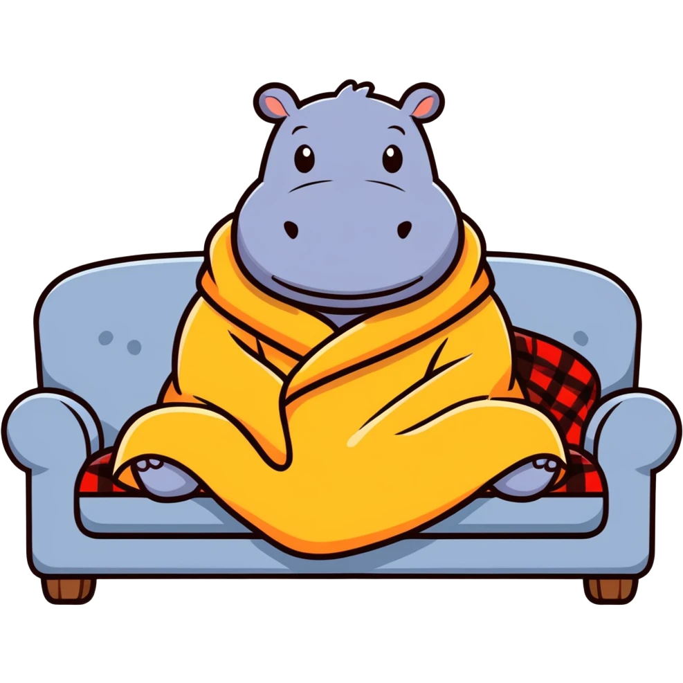 a lazy hippow raped up  in a blanket and on a couch ￼ emoji