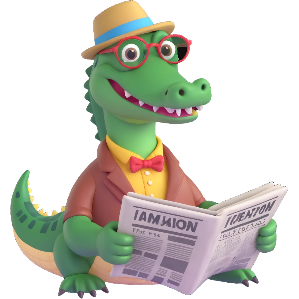 a grandpa alligator, reading a newspaper, with a mustache and spectacles emoji