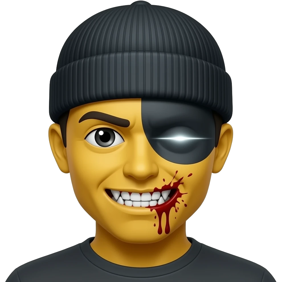 A noramal yellow emoji with the eyes dark and teath sharp with a beanie that covers one eye but the other eye that shows make it glow with a black beam  and the sorrounding of the mouth with blood emoji