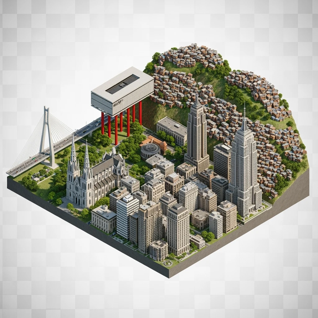 Isometric miniature of São Paulo Catedral da Sé, MASP, Octávio Frias Bridge, and Altino Arantes building, favelas on hillsides, dense chaotic urban blocks, and green parks 3D miniature effect and Tilt Shift effect, no cartoonish look, transparent background. emoji