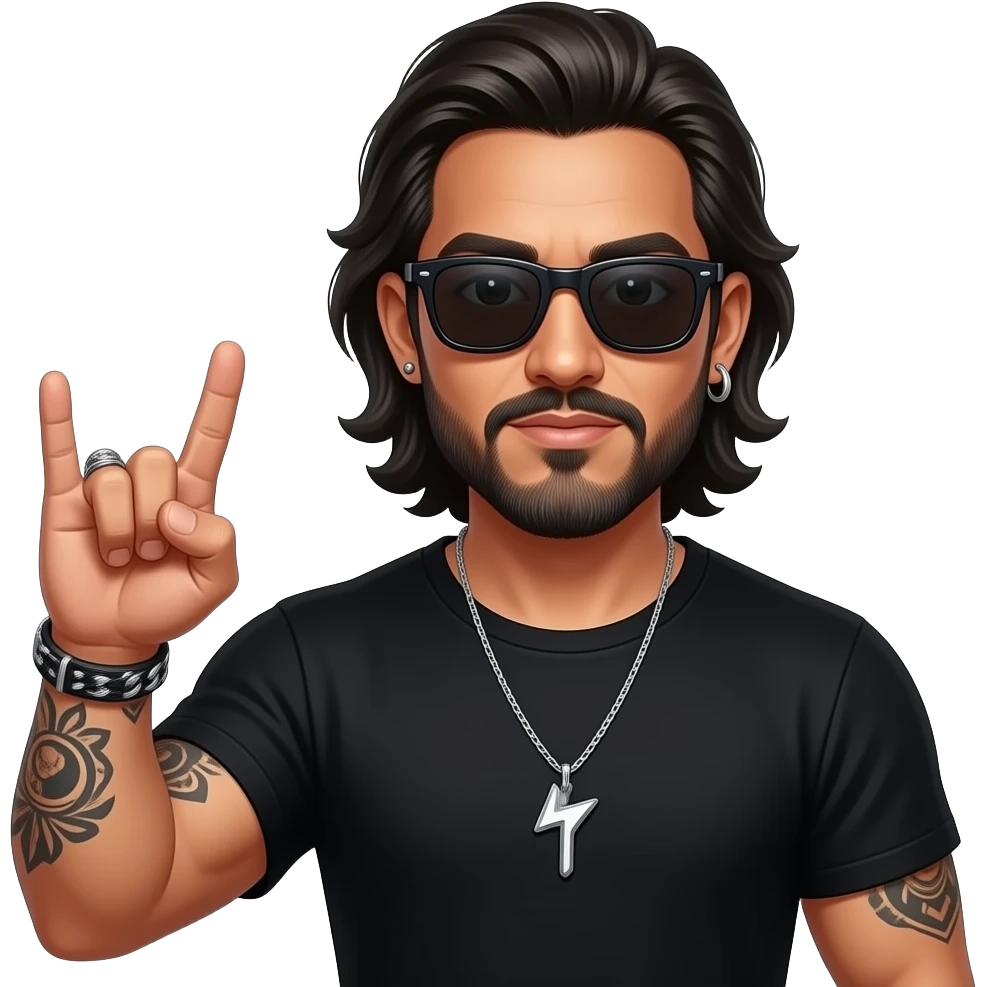 handsome, manly Latino podcast host with black colored eyes wearing black with silver jewelry, with medium length hair, a very long, lightly graying beard and tattoos, his ear pierced and right nostril as well, dark sunglasses, holding rock-n-roll hands emoji