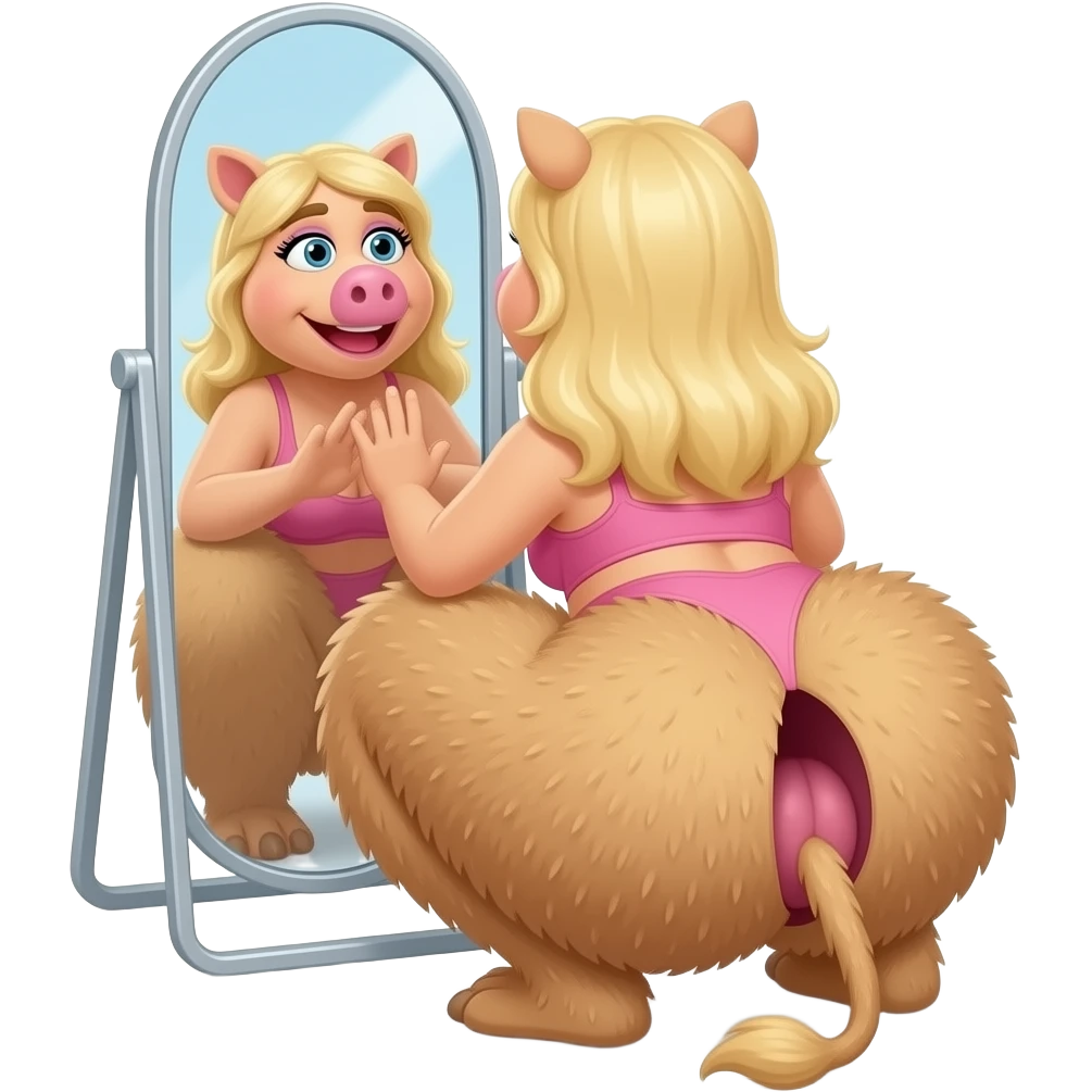 Miss piggy cartoon  camel toe  Thick voluptuous  extremely hairy buttocks cheeks blonde female spreading open  butt cheeks and observing looking back  hairy butthole wide open looking at it in mirror squatting with her big fuzzy buttocks emoji