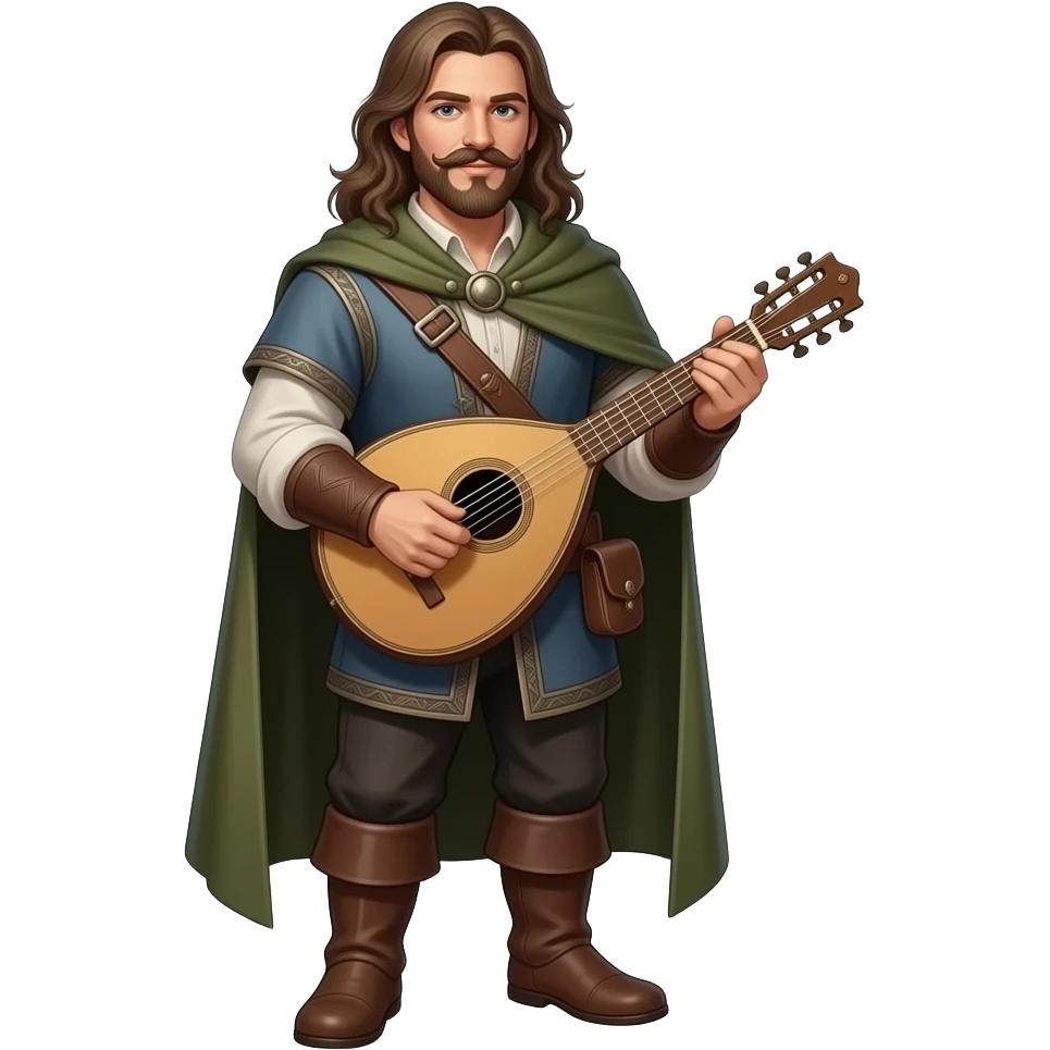 Beautiful Happy Bard with long hair, Handlebar mustache, pointed goatee and a lute full body dnd emoji