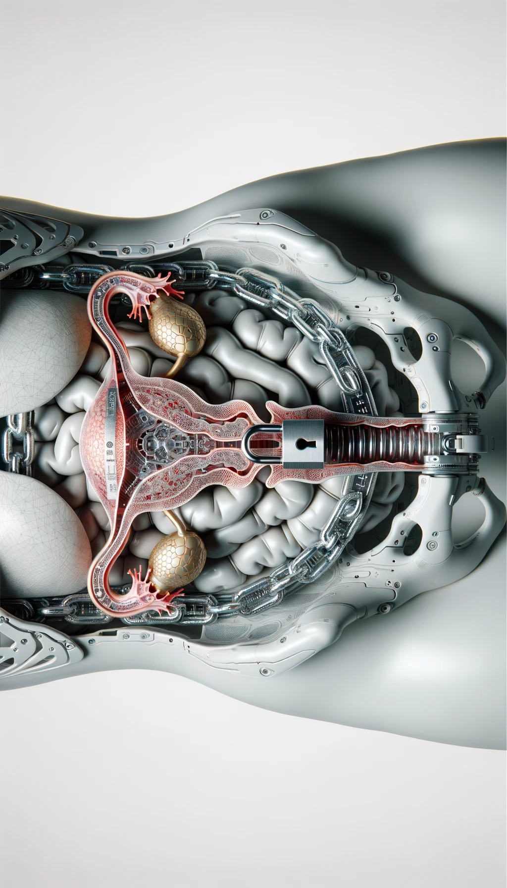 corpo umano anatomico di una donna con diaframma in evidenza, diaframma chiuso da catena e lucchetto, iperrealistica 4k, sfondo bianco emoji