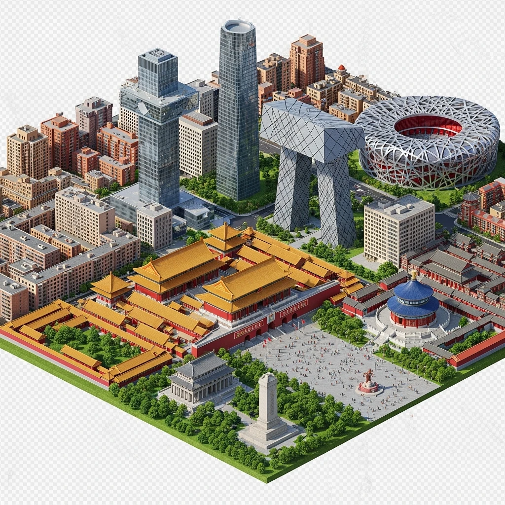 Isometric miniature of Beijing Forbidden City, Tiananmen Square, CCTV Headquarters, Temple of Heaven, China Zun skyscraper, Bird’s Nest Stadium, Beijing apartment blocks, 3D miniature effect and Tilt Shift effect, no cartoonish look, transparent background, don't cut angles emoji