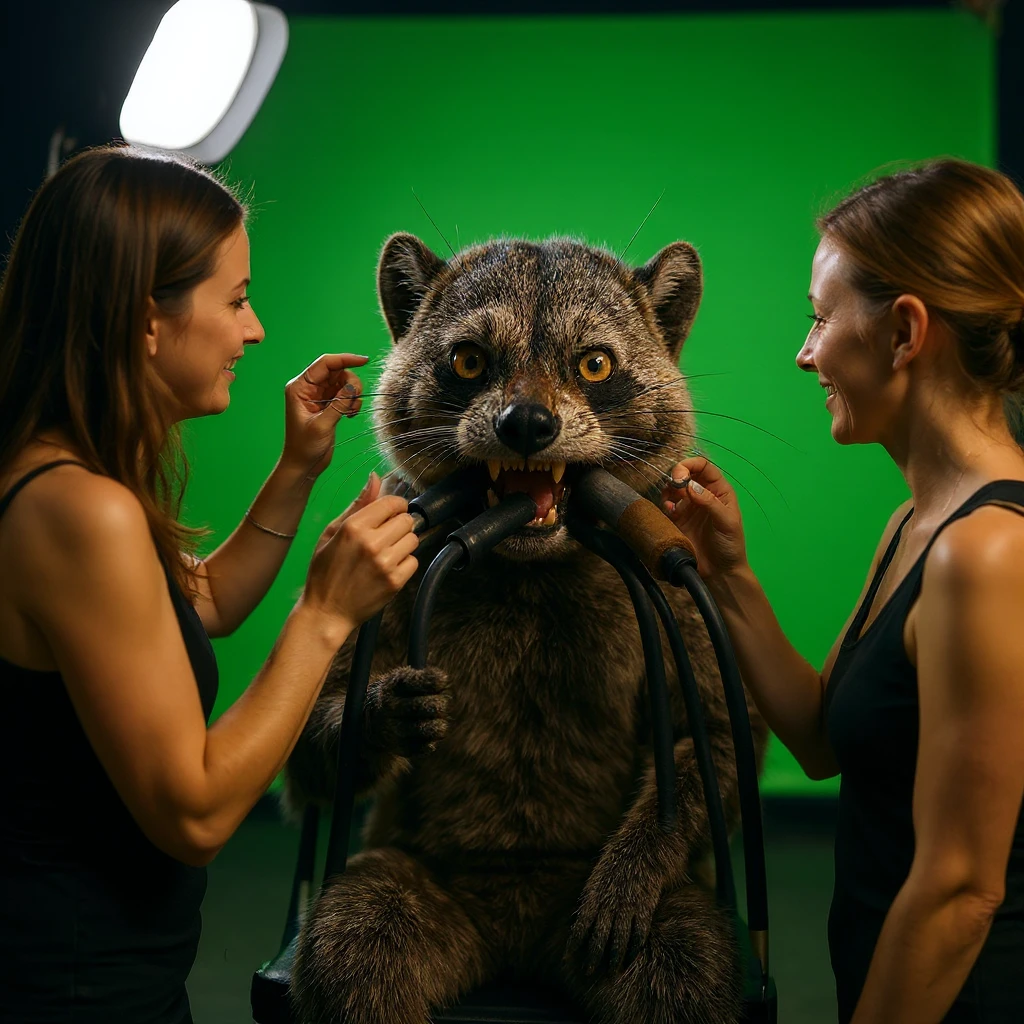 Make this raccon On a movie set, with a green screen in the background, a raccoon actor is smiling while women are putting makeup on him. The raccoon gives a thumbs up emoji